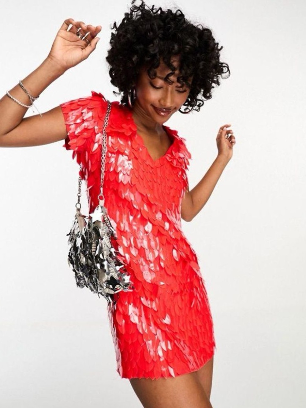 ASOS Luxe Design Red Petal Feathered All Over Embellished Sequin Mini Dress